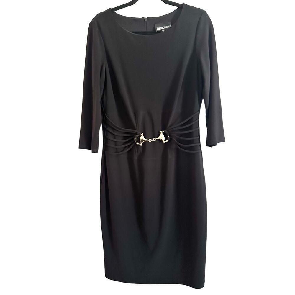 FRANK LYMAN Black 3/4 Sleeve Gold-Tone Metal Waist Lined Sheath  Dress - Sz 12